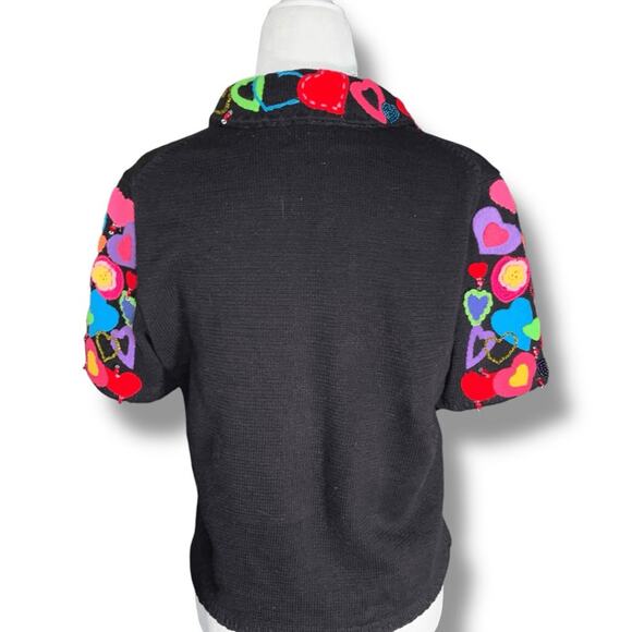 Vintage 90s Michael Simon HeartPrint Knit Cardigan Black Short Sleeve Colorful - Picture 5 of 10
